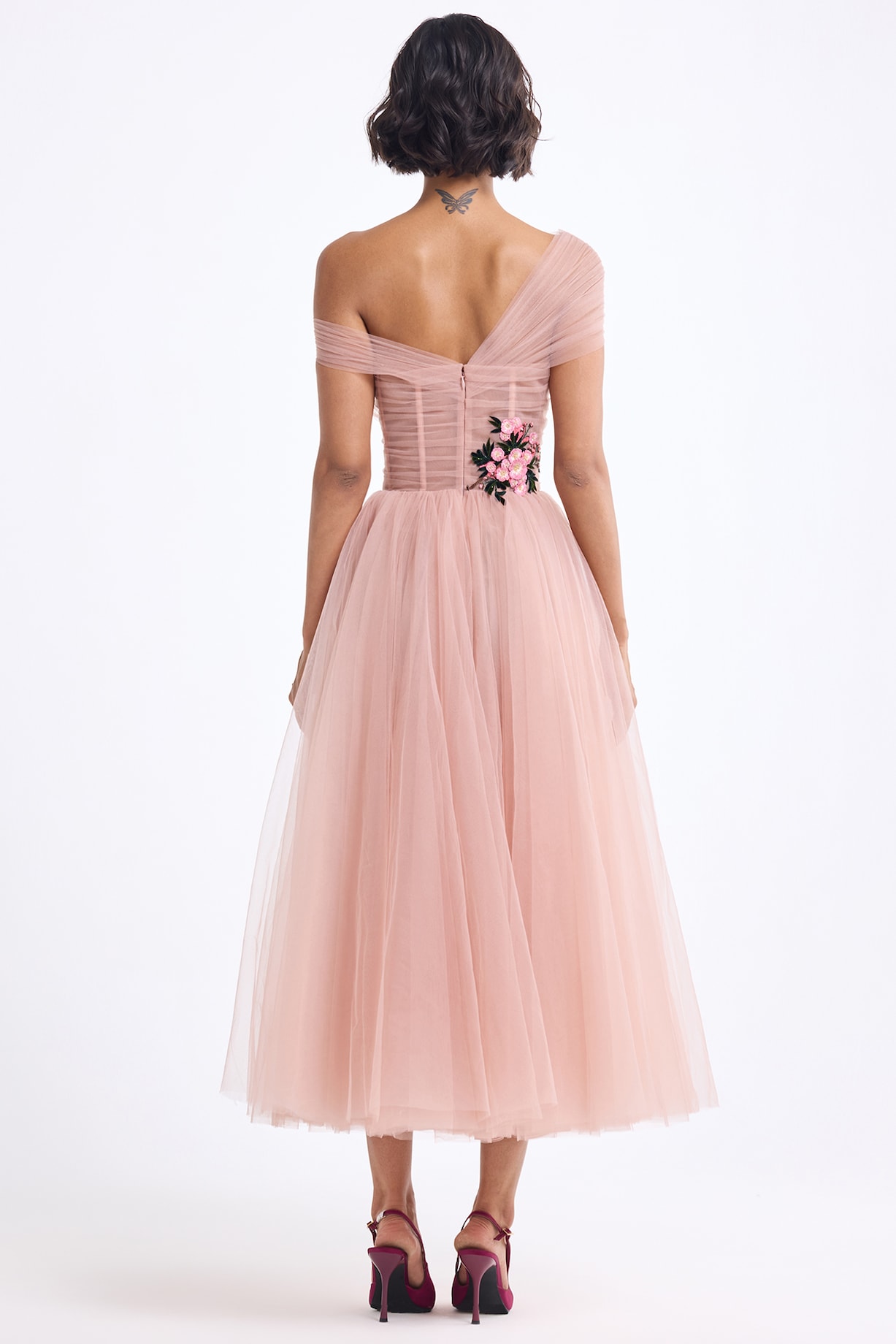 Dusty Pink Tulle Thread Embroidered Corset Draped Midi Party Wear