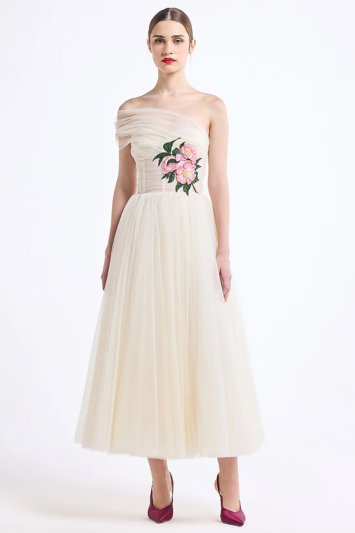 Butterscotch Tulle Off-Shoulder Maxi Party Wear Dress by Gauri And Nainika at Pernia's Pop Up Shop