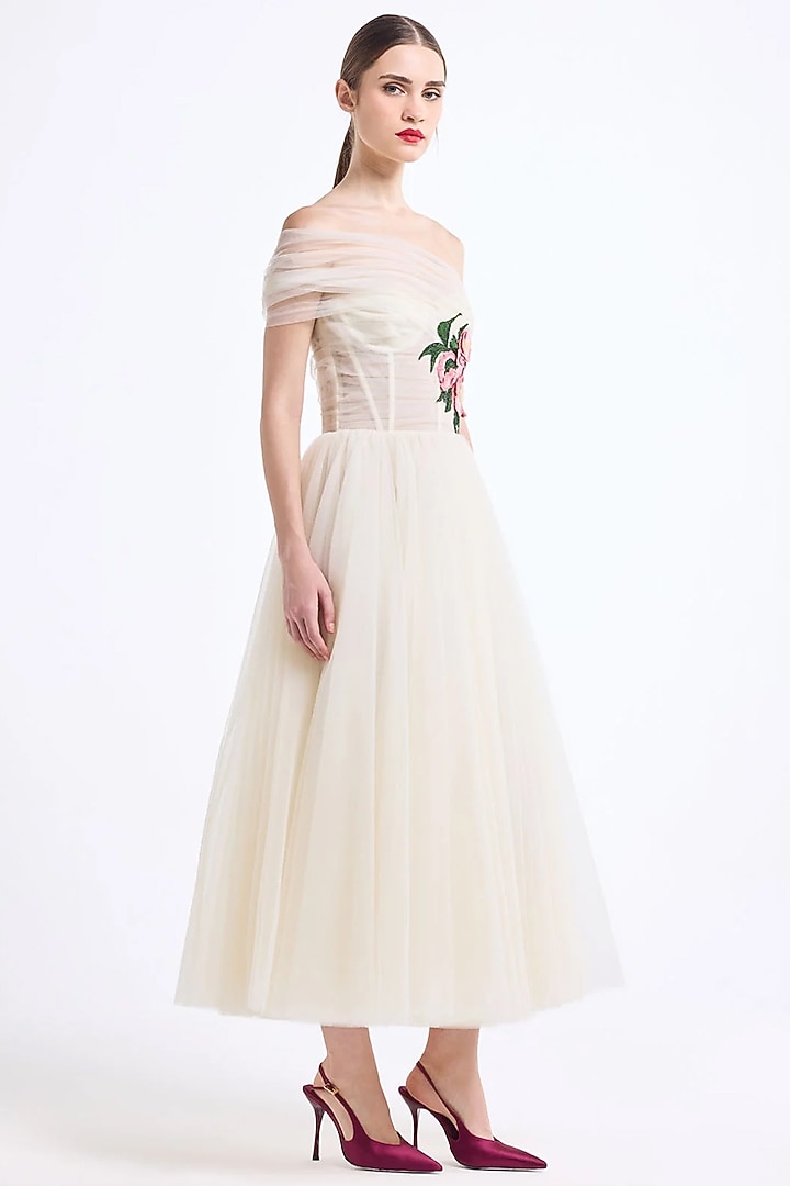 Butterscotch Tulle Off-Shoulder Maxi Party Wear Dress by Gauri And Nainika at Pernia's Pop Up Shop