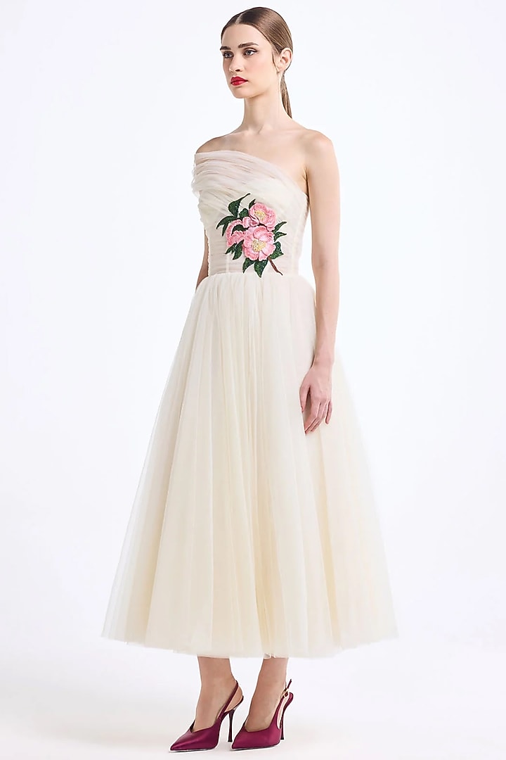 Butterscotch Tulle Off-Shoulder Maxi Party Wear Dress by Gauri And Nainika at Pernia's Pop Up Shop