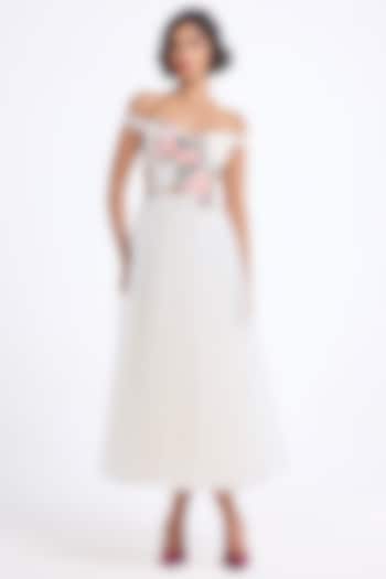 Ivory Tulle Thread Embroidered Off-Shoulder Draped Midi Party Wear Dress by Gauri And Nainika at Pernia's Pop Up Shop