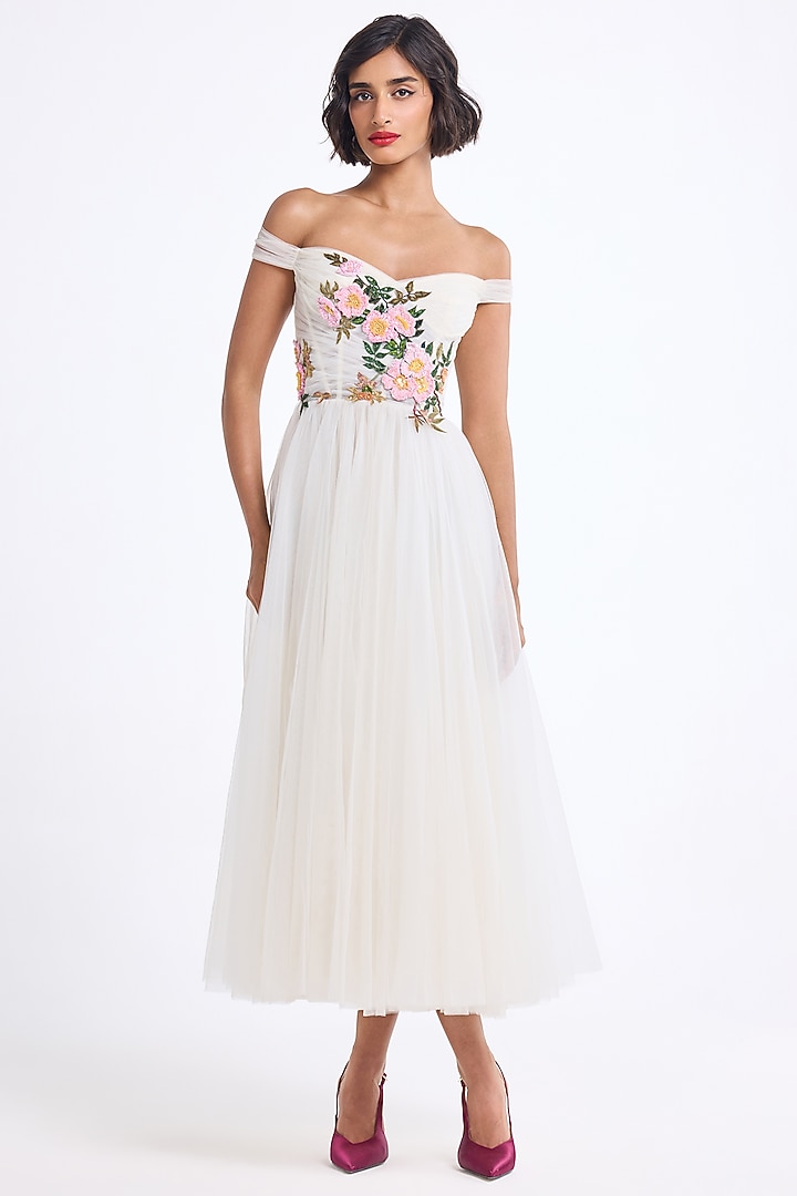 Ivory Tulle Thread Embroidered Off-Shoulder Draped Midi Party Wear Dress by Gauri And Nainika at Pernia's Pop Up Shop