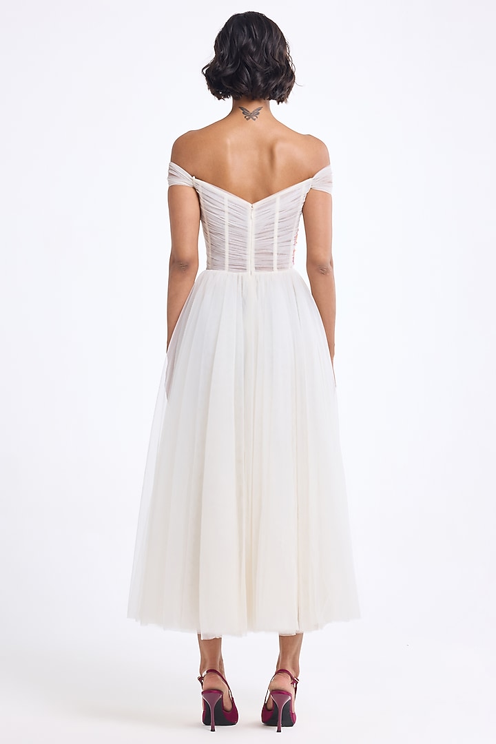 Ivory Tulle Thread Embroidered Off-Shoulder Draped Midi Party Wear Dress by Gauri And Nainika at Pernia's Pop Up Shop