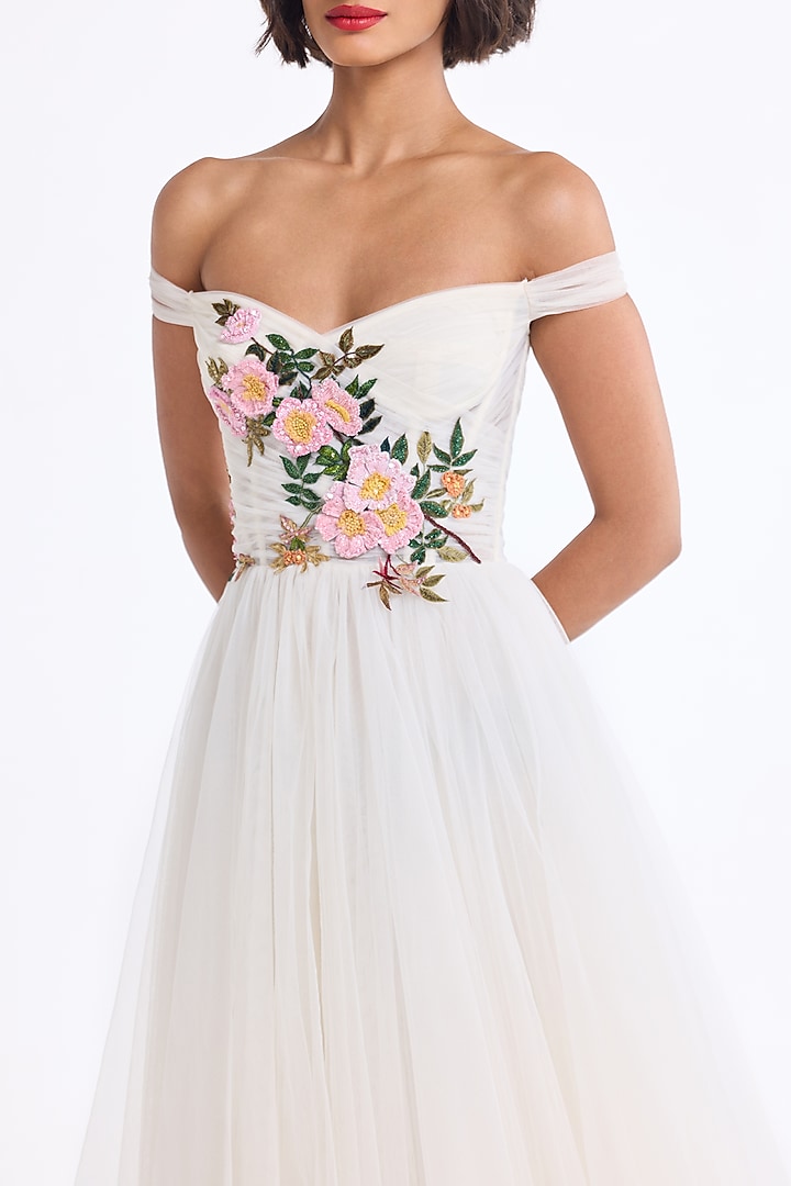Ivory Tulle Thread Embroidered Off-Shoulder Draped Midi Party Wear Dress by Gauri And Nainika at Pernia's Pop Up Shop