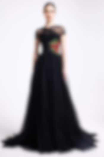 Black Tulle Thread Embroidered Halter Wedding Gown by Gauri And Nainika at Pernia's Pop Up Shop