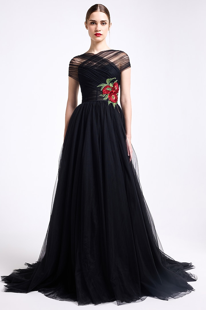 Black Tulle Thread Embroidered Halter Wedding Gown by Gauri And Nainika at Pernia's Pop Up Shop