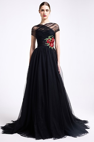 Black Tulle Thread Embroidered Halter Gown by Gauri And Nainika