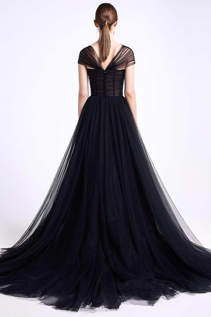 Black Tulle Thread Embroidered Halter Wedding Gown by Gauri And Nainika at Pernia's Pop Up Shop