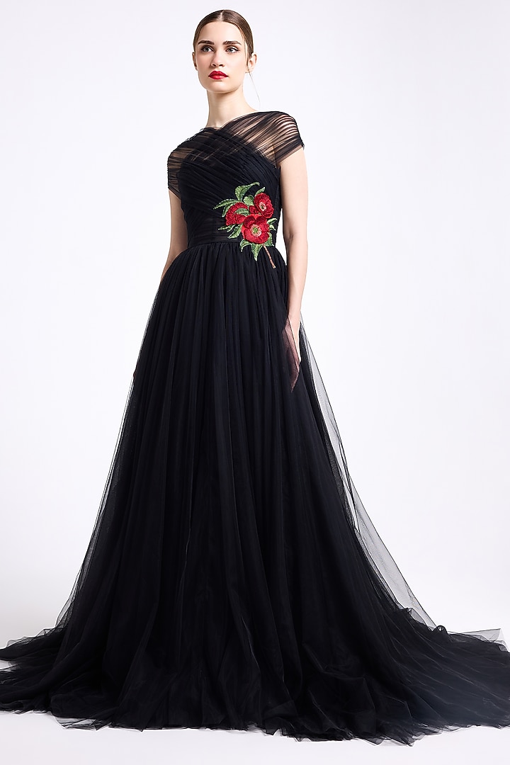 Black Tulle Thread Embroidered Halter Wedding Gown by Gauri And Nainika at Pernia's Pop Up Shop