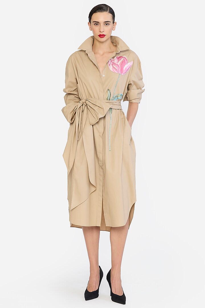 Khaki-Colored Cotton Thread Embroidered Cocktail Dress by Gauri And Nainika at Pernia's Pop Up Shop