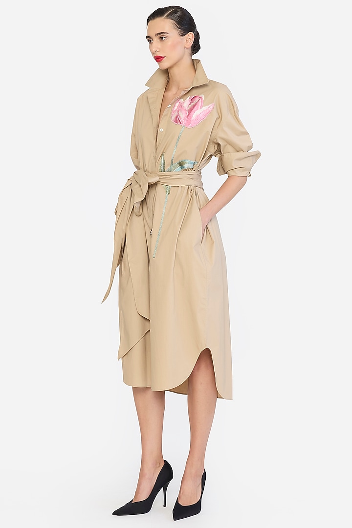 Khaki-Colored Cotton Thread Embroidered Cocktail Dress by Gauri And Nainika at Pernia's Pop Up Shop