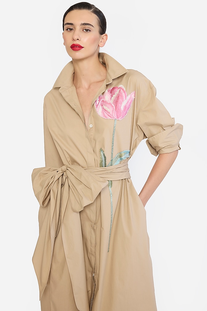 Khaki-Colored Cotton Thread Embroidered Cocktail Dress by Gauri And Nainika at Pernia's Pop Up Shop