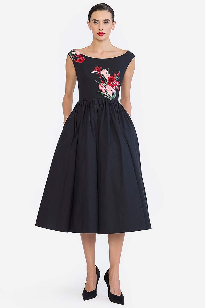 Black Cotton Thread Embroidered Party Wear Dress by Gauri And Nainika at Pernia's Pop Up Shop