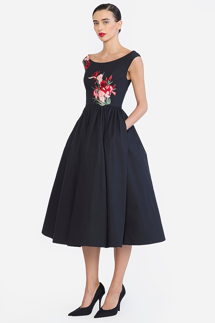 Black Cotton Thread Embroidered Party Wear Dress by Gauri And Nainika at Pernia's Pop Up Shop