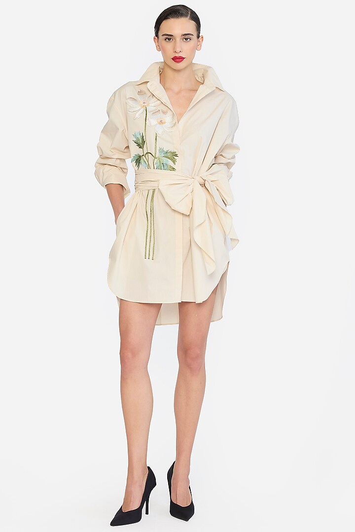 Almond-Colored Cotton Thread Embroidered Oversized Shirt Cocktail Dress by Gauri And Nainika at Pernia's Pop Up Shop