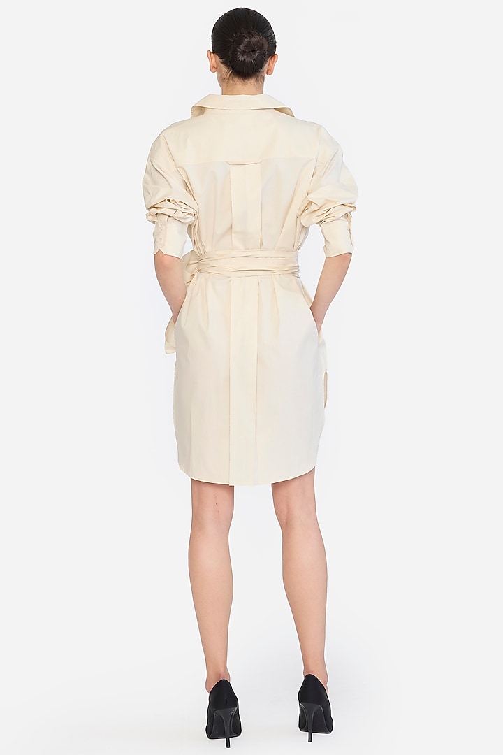 Almond-Colored Cotton Thread Embroidered Oversized Shirt Cocktail Dress by Gauri And Nainika at Pernia's Pop Up Shop