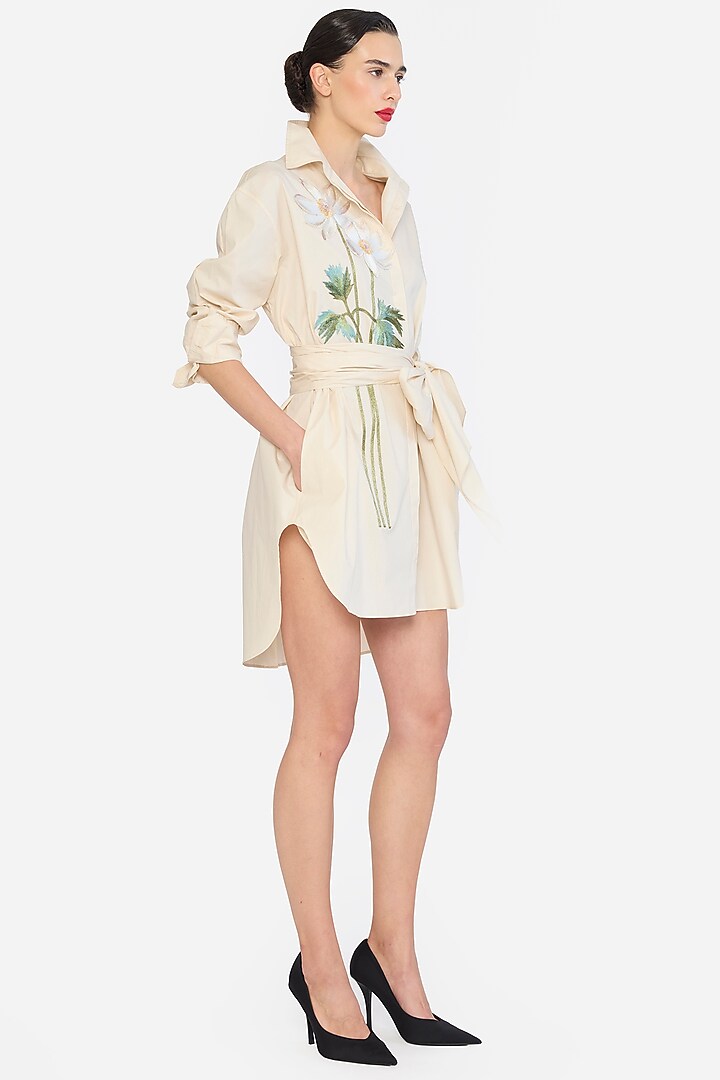 Almond-Colored Cotton Thread Embroidered Oversized Shirt Cocktail Dress by Gauri And Nainika at Pernia's Pop Up Shop