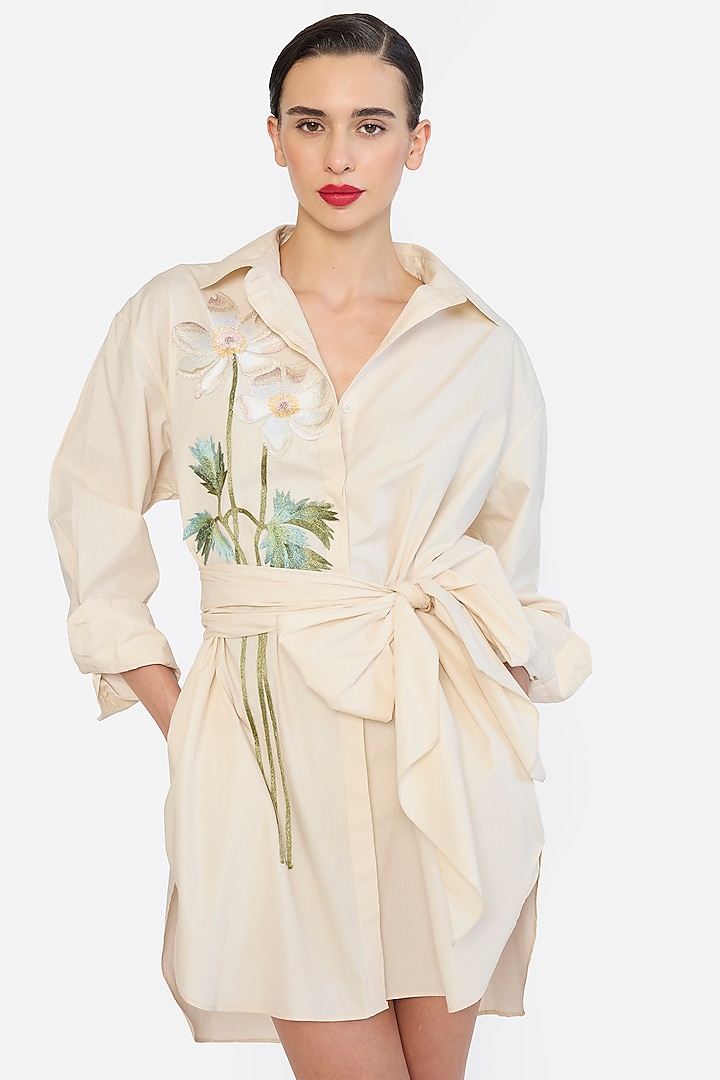 Almond-Colored Cotton Thread Embroidered Oversized Shirt Cocktail Dress by Gauri And Nainika at Pernia's Pop Up Shop