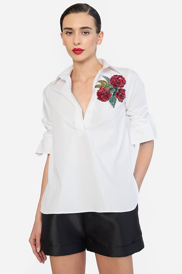 White Cotton Thread Embroidered Shirt by Gauri And Nainika at Pernia's Pop Up Shop