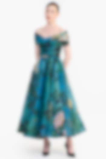 Blue Organza Printed Off-Shoulder Midi Party Wear Dress by Gauri And Nainika at Pernia's Pop Up Shop