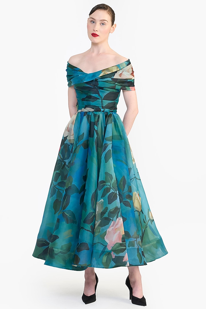 Blue Organza Printed Off-Shoulder Midi Party Wear Dress by Gauri And Nainika at Pernia's Pop Up Shop
