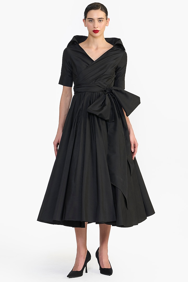Black Taffeta High-Collared Midi Party Wear Dress by Gauri And Nainika at Pernia's Pop Up Shop