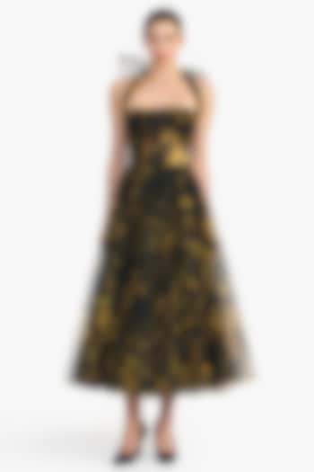 Black Tulle Floral Printed Crystal Embroidered Midi Party Wear Dress by Gauri And Nainika at Pernia's Pop Up Shop