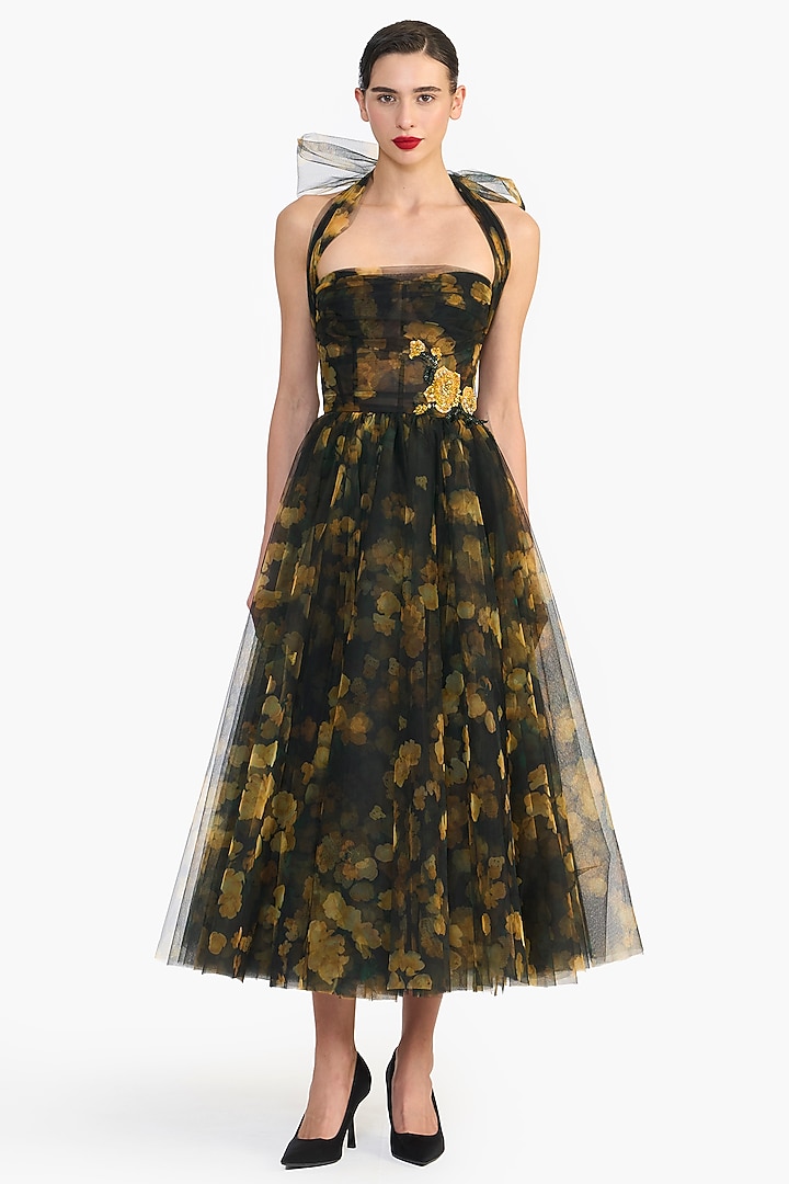 Black Tulle Floral Printed Crystal Embroidered Midi Party Wear Dress by Gauri And Nainika at Pernia's Pop Up Shop