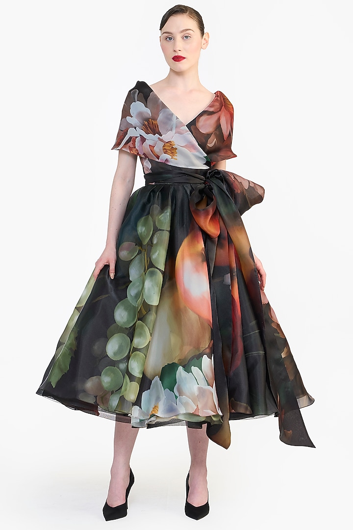 Multi-Colored Organza Printed Shawl Collar Wrap Party Wear Dress by Gauri And Nainika at Pernia's Pop Up Shop
