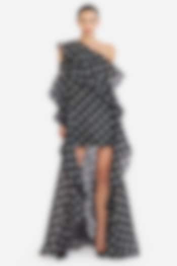 Black Organza Polka Printed One-Shoulder High-Low Party Wear Dress by Gauri And Nainika at Pernia's Pop Up Shop