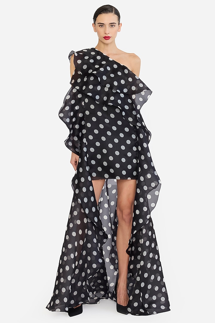 Black Organza Polka Printed One-Shoulder High-Low Party Wear Dress by Gauri And Nainika at Pernia's Pop Up Shop