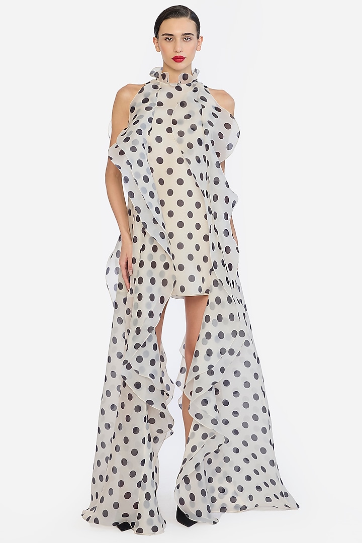 Ivory Organza Polka Printed High-Low Shift Party Wear Dress by Gauri And Nainika at Pernia's Pop Up Shop