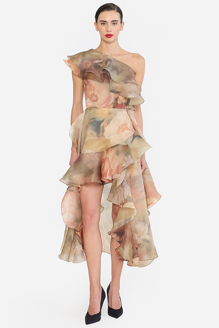 Multi-Colored Organza Printed One-Shoulder Ruffle Party Wear Dress by Gauri And Nainika at Pernia's Pop Up Shop