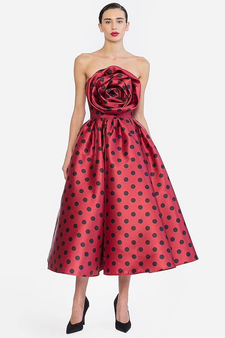 Berry & Black Mikado Polka Printed Midi Party Wear Dress by Gauri And Nainika at Pernia's Pop Up Shop