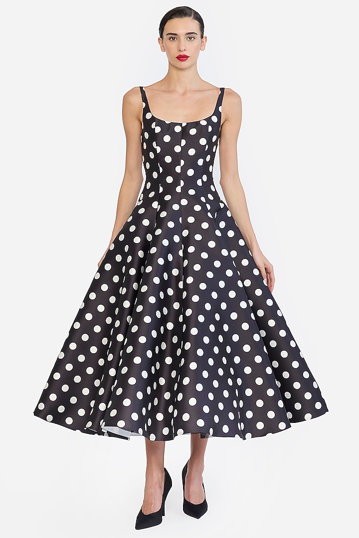 Black & Ivory Mikado Polka Printed Midi Party Wear Dress by Gauri And Nainika at Pernia's Pop Up Shop