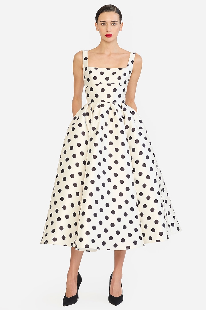 Ivory & Black Mikado Polka Printed Midi Party Wear Dress by Gauri And Nainika at Pernia's Pop Up Shop