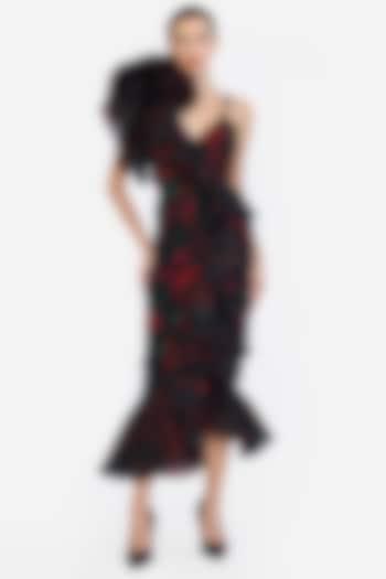 Black Crepe & Organza Floral Printed Draped High-Low Maxi Party Wear Dress by Gauri And Nainika at Pernia's Pop Up Shop