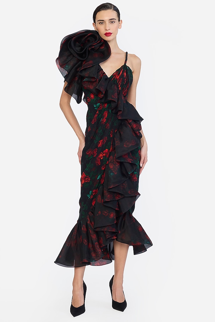 Black Crepe & Organza Floral Printed Draped High-Low Maxi Party Wear Dress by Gauri And Nainika at Pernia's Pop Up Shop