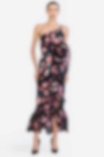 Black Crepe & Organza Floral Printed Draped High-Low Maxi Party Wear Dress by Gauri And Nainika at Pernia's Pop Up Shop