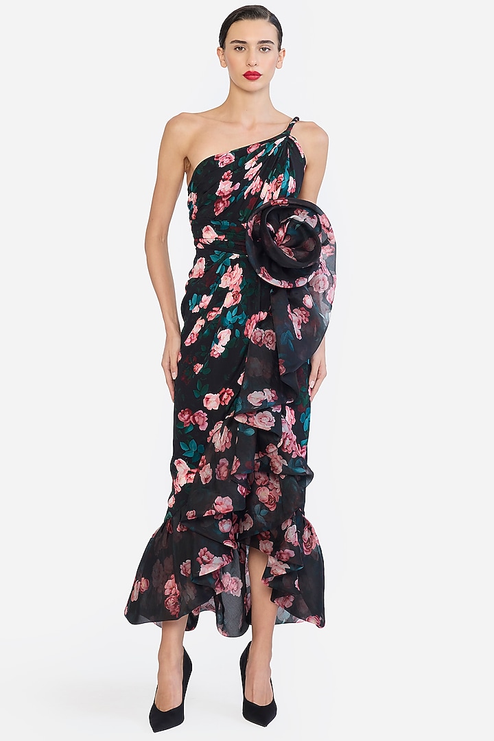 Black Crepe & Organza Floral Printed Draped High-Low Maxi Party Wear Dress by Gauri And Nainika at Pernia's Pop Up Shop