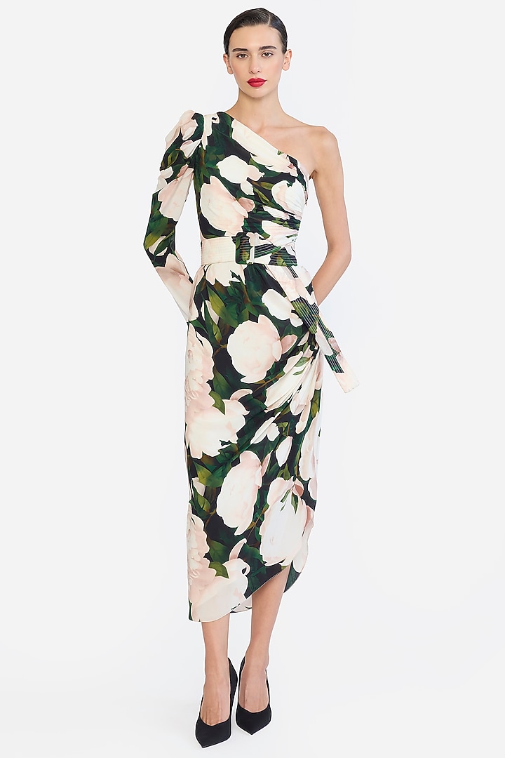 Multi-Colored Crepe Printed One-Shoulder Pencil Party Wear Dress by Gauri And Nainika at Pernia's Pop Up Shop