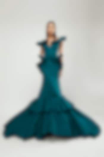 Teal Green Off-Shoulder Gown by Gauri and Nainika