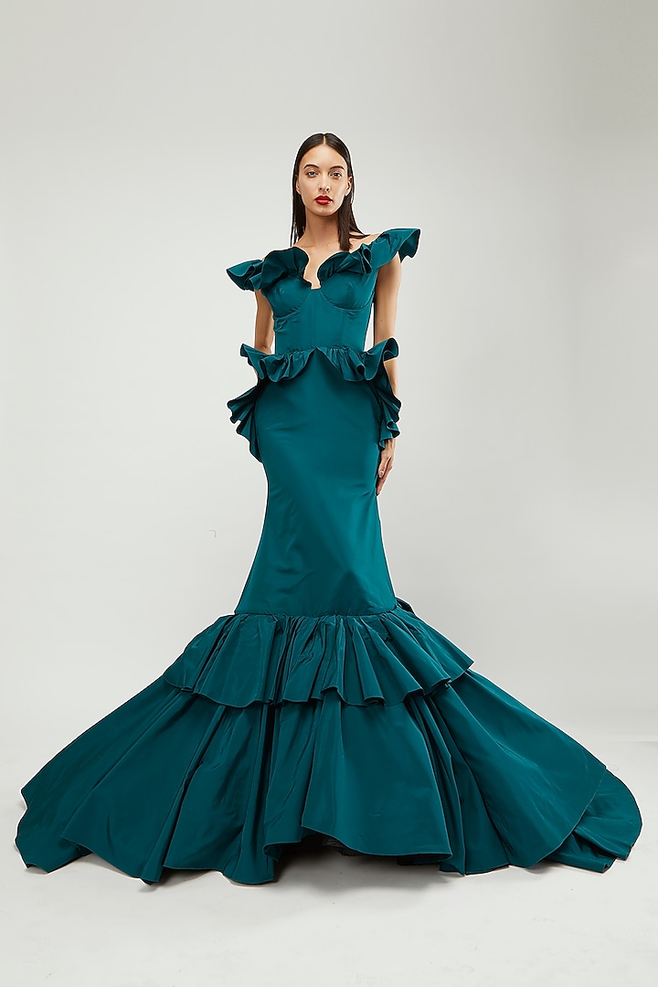 Teal Green Off-Shoulder Gown by Gauri and Nainika