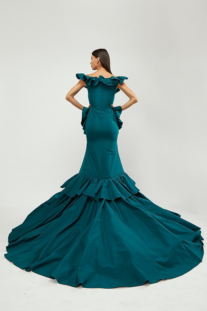 Teal Green Off-Shoulder Gown by Gauri and Nainika at Pernia's Pop Up Shop