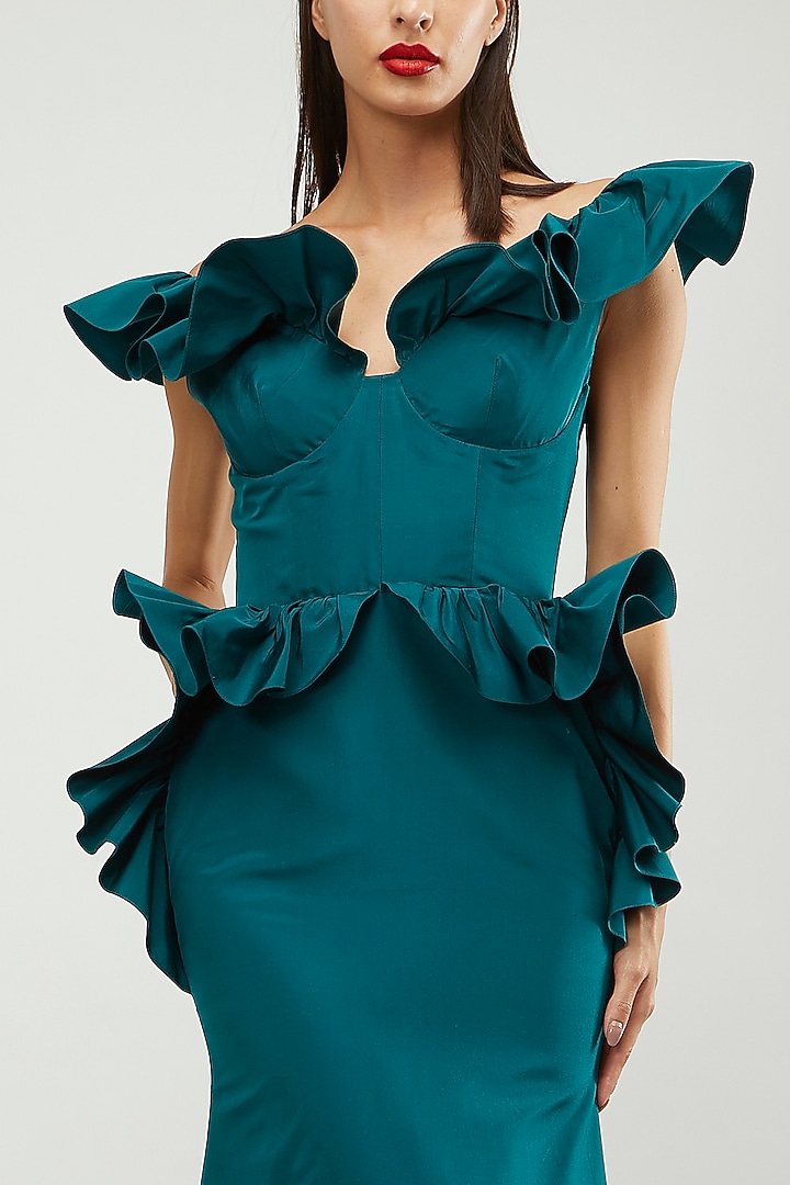 Teal Green Off-Shoulder Gown by Gauri and Nainika at Pernia's Pop Up Shop