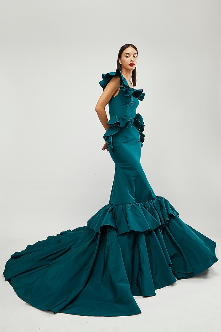 Teal Green Off-Shoulder Gown by Gauri and Nainika at Pernia's Pop Up Shop