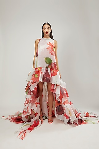 White & Red Printed Gown by Gauri and Nainika