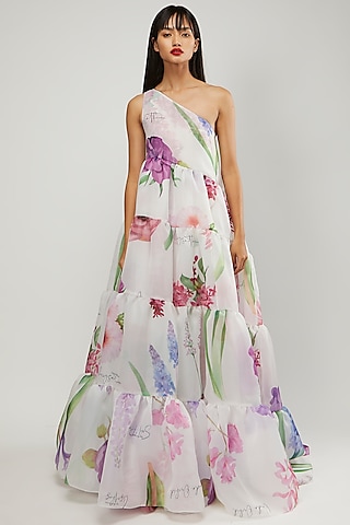 White & Purple Printed Gown by Gauri and Nainika