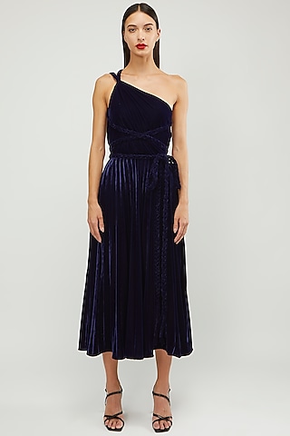 Navy Blue One-Shoulder Dress With Belt by Gauri and Nainika
