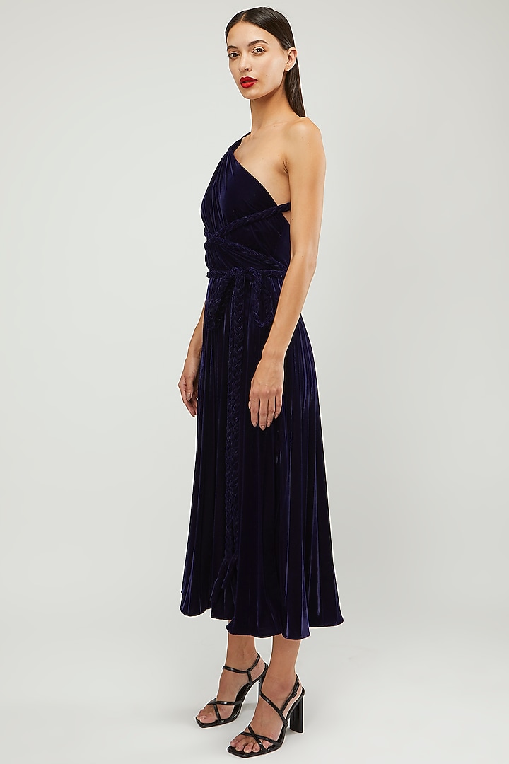 Navy Blue One-Shoulder Party Wear Dress With Belt by Gauri and Nainika at Pernia's Pop Up Shop